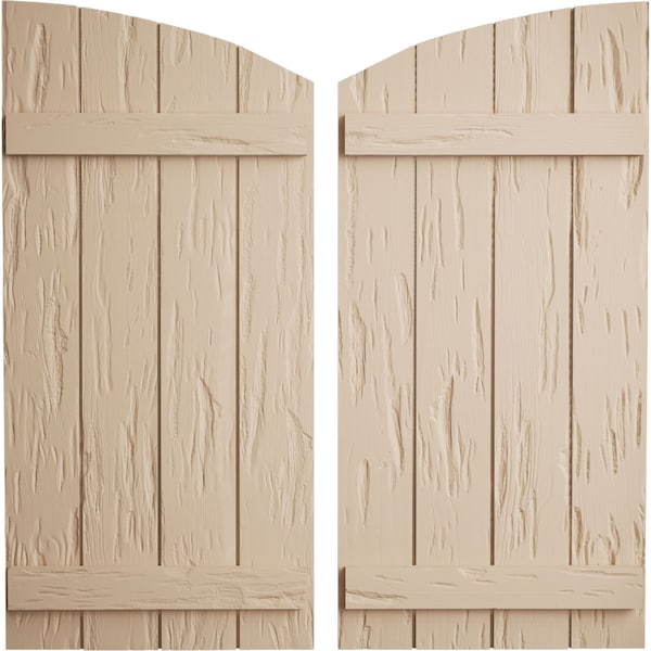 Ekena Millwork Pecky Cypress 4 Board Joined Board-n-Batten w/Elliptical Top Faux Wood Shutters, 22"W x 78"H - SHUBJL22X78PCPR