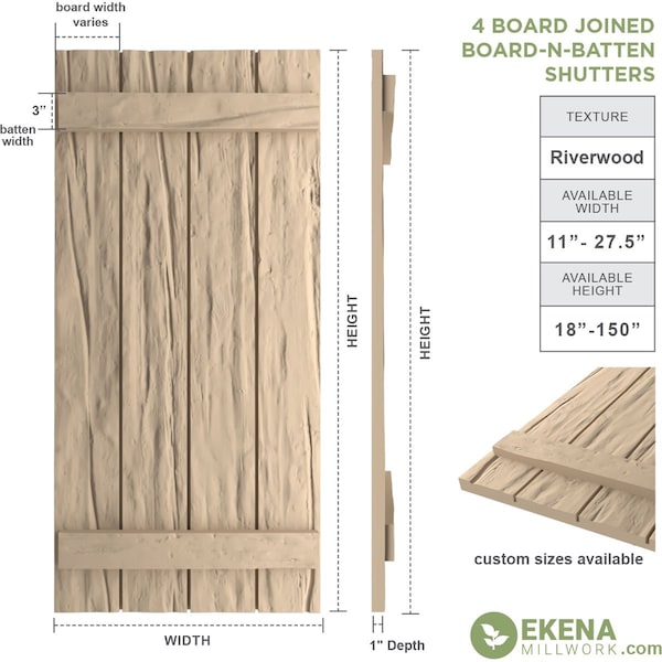 Ekena Millwork Rustic Four Board Joined Board-n-Batten Riverwood Faux Wood Shutters, 22W x 62H, PR - SHUBJS22X62RWPR