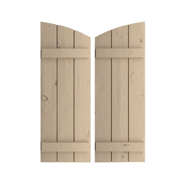 Ekena Millwork Knotty Pine 3 Board Joined Board-n-Batten w/Elliptical Top Faux Wood Shutters, 16 1/2W x 32H, PR - SHUBJL16X32KPPR