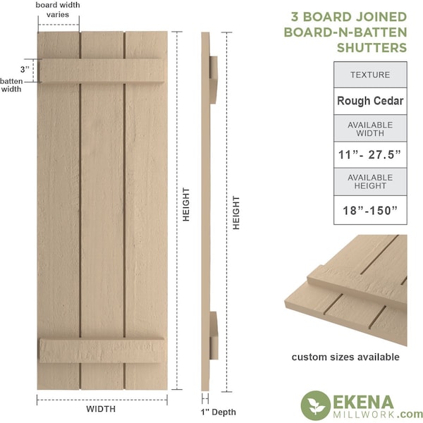 Ekena Millwork Rustic Three Board Joined Board-n-Batten Rough Cedar Faux Wood Shutters, 16 1/2W x 60H, PR - SHUBJS16X60RCPR