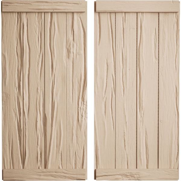 Ekena Millwork Rustic Four Board Joined Board-n-Batten Riverwood Faux Wood Shutters w/End Batten, 22W x 36H, PR - SHUBJE22X36RWPR