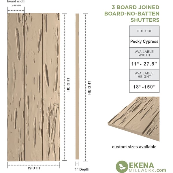 Ekena Millwork Rustic 3 Board Joined Board-n-Batten Pecky Cypress Faux Wood Shutters w/No Batten, 16 1/2"W x 84"H - SHUBJN16X84PCPR