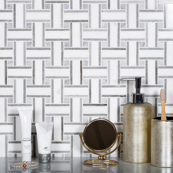 Apollo Tile Sample of Desert White Basket Weave 10.9"x10.9" Marble Mosaic Tile - APLSAH99B37EC90 SAMPLE