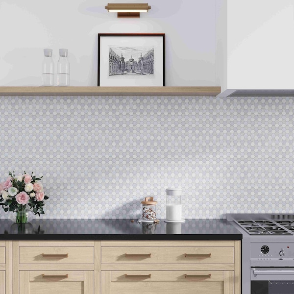Apollo Tile 11x12 in. Polished Pristine White, Gray Marble Hexagon Wall and Floor Tile 4.59 sq ft/case, 5PK - APLMKN8818A