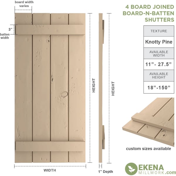 Ekena Millwork Rustic Four Board Joined Board-n-Batten Knotty Pine Faux Wood Shutters, 22W x 62H, PR - SHUBJS22X62KPPR
