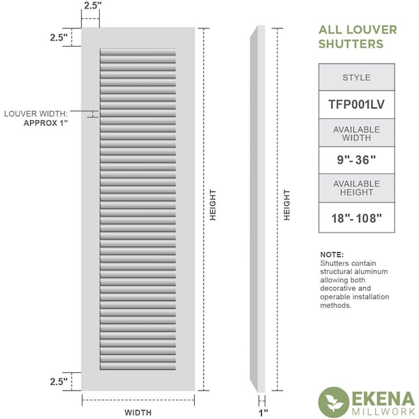 Ekena Millwork True Fit PVC, All Louver Louver Shutters, Unfinished, 16W x 78H, PR - TFP001LV16X078UN