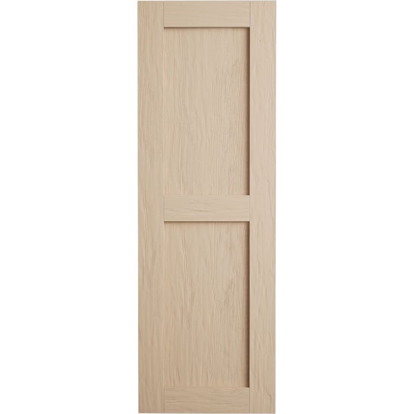 Ekena Millwork Rustic Two Equal Panel Flat Panel Rough Sawn Faux Wood Shutters (Per Pair), Primed Tan, 18"W x 66"H - SHUFP18X66RSPR