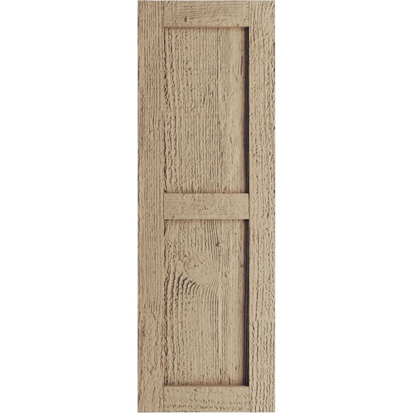 Ekena Millwork Rustic Two Equal Panel Flat Panel Rough Sawn Faux Wood Shutters (Per Pair), Primed Tan, 18"W x 66"H - SHUFP18X66RSPR