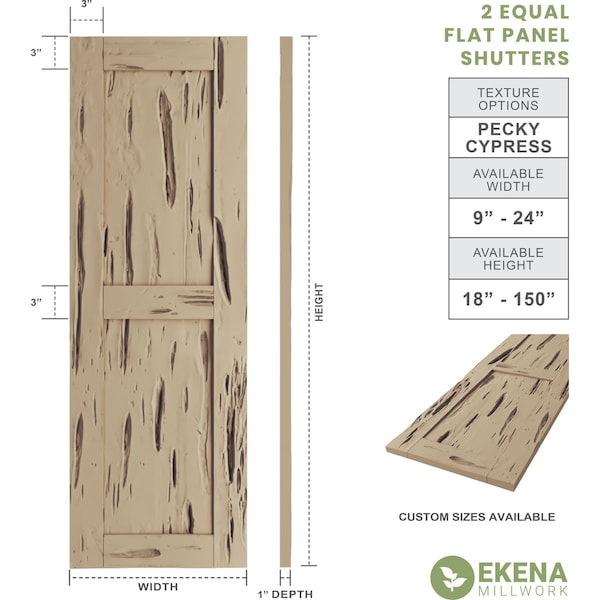Ekena Millwork Rustic Two Equal Panel Flat Panel Pecky Cypress Faux Wood Shutters, 18"W x 64"H - SHUFP18X64PCPR