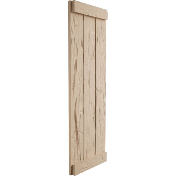 Ekena Millwork Rustic Three Board Joined Board-n-Batten Hand Hewn Faux Wood Shutters w/End Batten, 16 1/2"W x 44"H - SHUBJE16X44HHPR