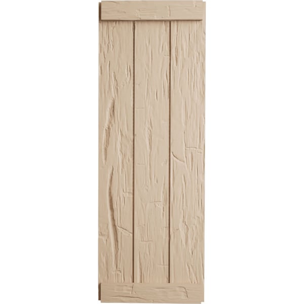 Ekena Millwork Rustic Three Board Joined Board-n-Batten Hand Hewn Faux Wood Shutters w/End Batten, 16 1/2"W x 44"H - SHUBJE16X44HHPR