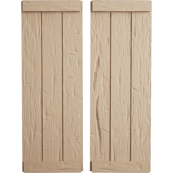 Ekena Millwork Rustic Three Board Joined Board-n-Batten Hand Hewn Faux Wood Shutters w/End Batten, 16 1/2"W x 44"H - SHUBJE16X44HHPR