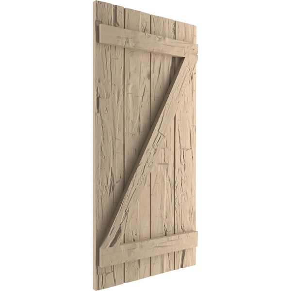 Ekena Millwork Rustic Four Board Joined Board-n-Batten Hand Hewn Faux Wood Shutters w/Z-Board, 22W x 82H, PR - SHUBJZ22X82HHPR