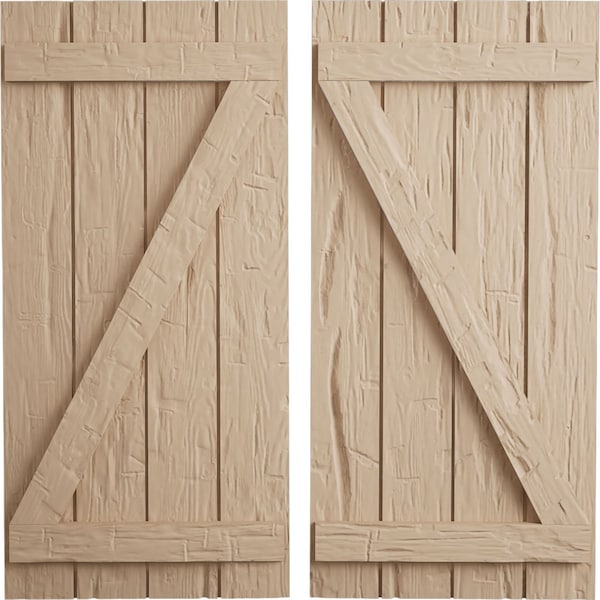 Ekena Millwork Rustic Four Board Joined Board-n-Batten Hand Hewn Faux Wood Shutters w/Z-Board, 22W x 82H, PR - SHUBJZ22X82HHPR