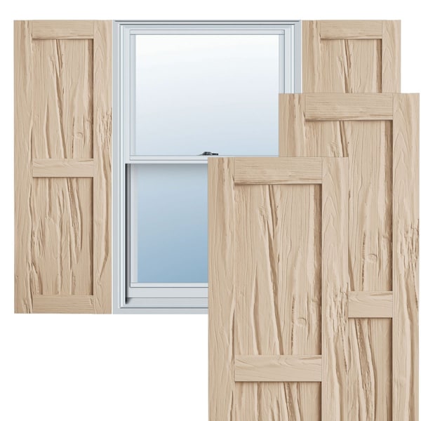 Ekena Millwork Rustic Two Equal Panel Flat Panel Riverwood Faux Wood Shutters (Per Pair), Primed Tan, 18"W x 56"H - SHUFP18X56RWPR