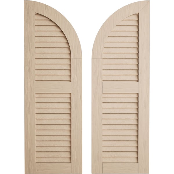 Ekena Millwork Rough Sawn 2 Equal Louver w/Quarter Round Arch Top Faux Wood Shutters, 15W x 60H 45 Low Side, PR - SHULVQ15X60RSPR