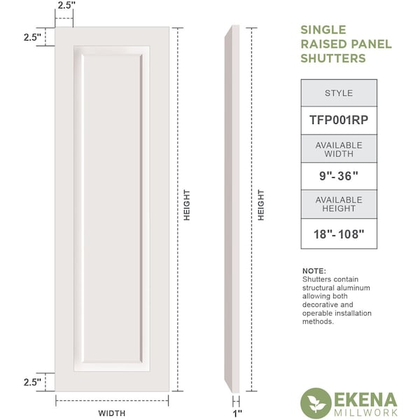 Ekena Millwork True Fit PVC, Single Raised Panel Shutters, Unfinished, 16W x 57H, PR - TFP001RP16X057UN