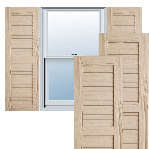 Ekena Millwork Rustic Two Equal Louver Riverwood Faux Wood Shutters (Per Pair), Primed Tan, 12"W x 68"H - SHULV12X68RWPR