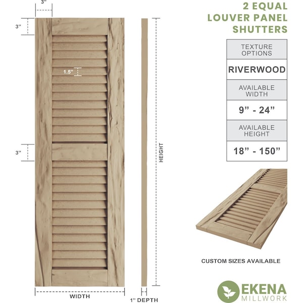 Ekena Millwork Rustic Two Equal Louver Riverwood Faux Wood Shutters (Per Pair), Primed Tan, 12"W x 68"H - SHULV12X68RWPR