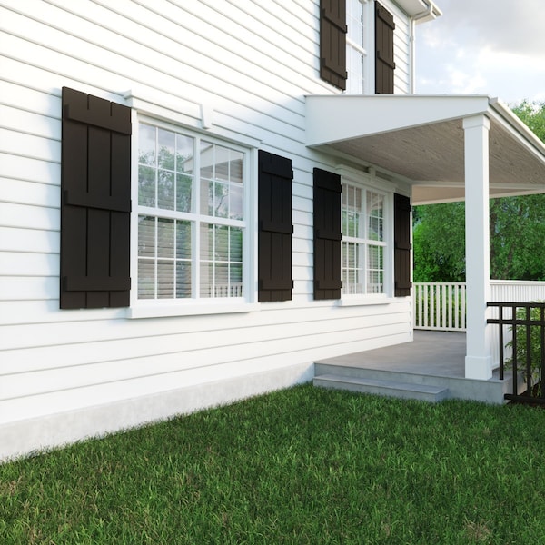 Ekena Millwork Rustic Three Board Spaced Board-n-Batten Rough Cedar Faux Wood Shutters, 17 1/2W x 76H, PR - SHUBSS17X76RCPR