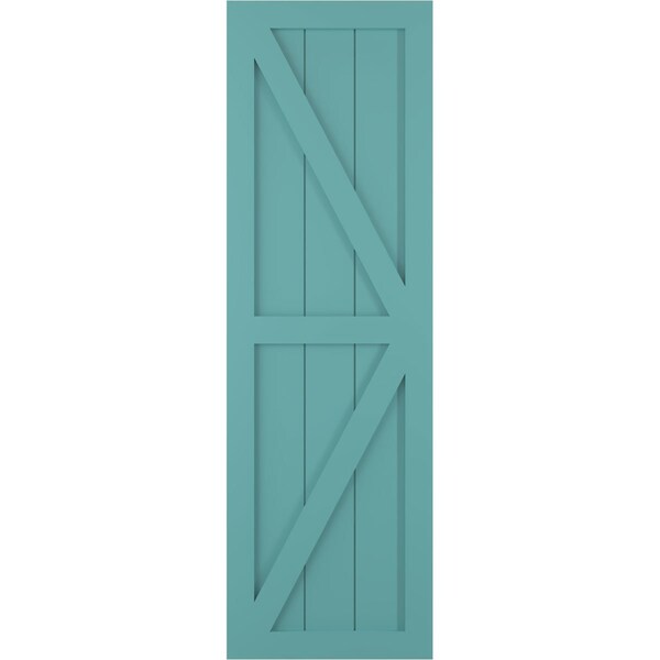 Ekena Millwork True Fit PVC Two Equal Panel Farmhouse Fixed Mount Shutters w/Z-Bar, Pure Turquoise, 12W x 35H, PR - TFP102FH12X035PT