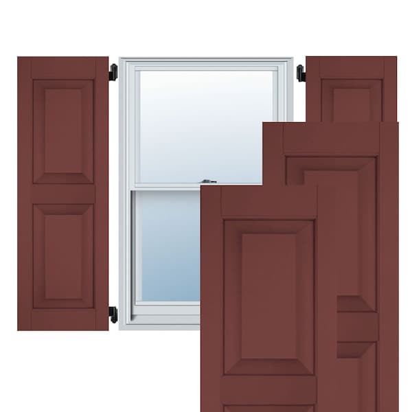 Ekena Millwork 12"W x 54"H Exterior Real Wood Sapele Mahogany Raised Panel Shutters, Cottage Red PR - RWR12X054CRM