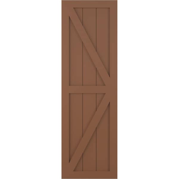 Ekena Millwork True Fit PVC Two Equal Panel Farmhouse Fixed Mount Shutters w/ Z-Bar, Burnt Toffee , 15W x 40H, PR - TFP102FH15X040BT