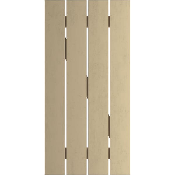 Ekena Millwork Rustic Four Board Spaced Board-n-Batten Hand Hewn Faux Wood Shutters w/Z-Board, 23 1/2W x 50H, PR - SHUBSZ23X50HHPR