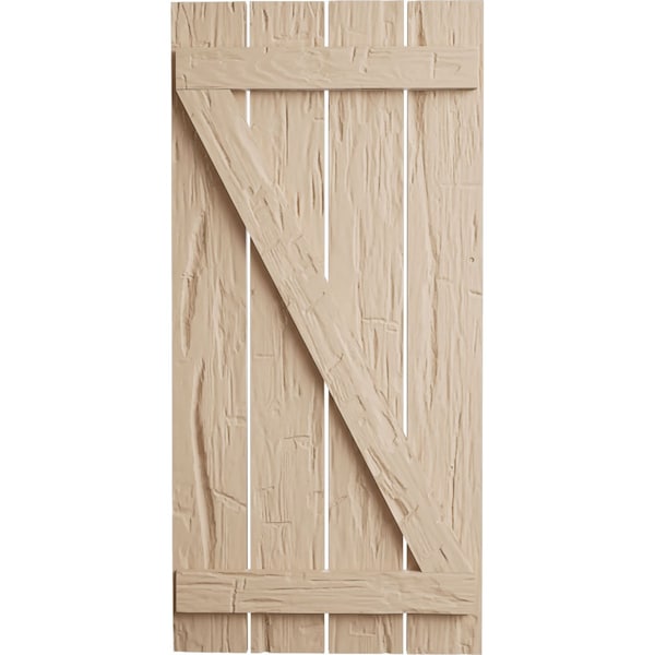 Ekena Millwork Rustic Four Board Spaced Board-n-Batten Hand Hewn Faux Wood Shutters w/Z-Board, 23 1/2W x 50H, PR - SHUBSZ23X50HHPR