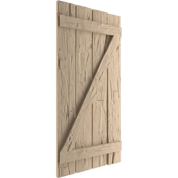 Ekena Millwork Rustic Four Board Spaced Board-n-Batten Hand Hewn Faux Wood Shutters w/Z-Board, 23 1/2W x 50H, PR - SHUBSZ23X50HHPR