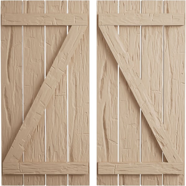 Ekena Millwork Rustic Four Board Spaced Board-n-Batten Hand Hewn Faux Wood Shutters w/Z-Board, 23 1/2W x 50H, PR - SHUBSZ23X50HHPR