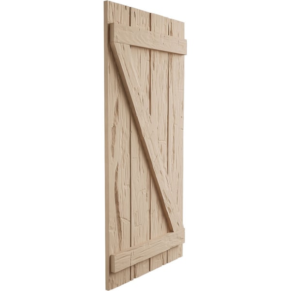 Ekena Millwork Rustic Four Board Spaced Board-n-Batten Hand Hewn Faux Wood Shutters w/Z-Board, 23 1/2W x 50H, PR - SHUBSZ23X50HHPR