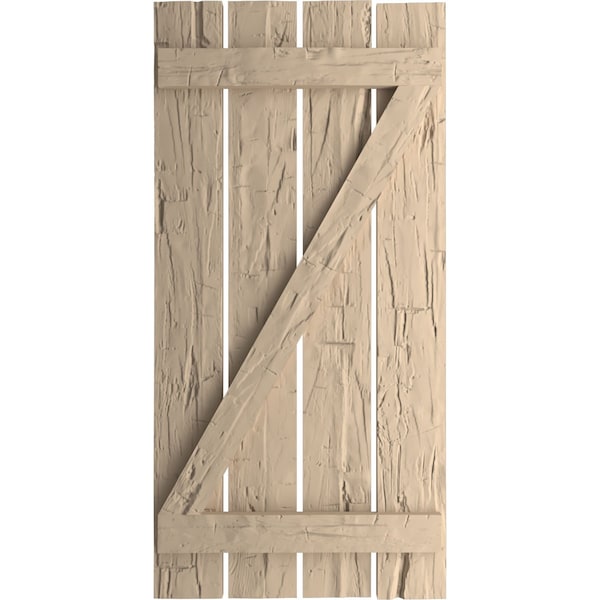 Ekena Millwork Rustic Four Board Spaced Board-n-Batten Hand Hewn Faux Wood Shutters w/Z-Board, 23 1/2W x 50H, PR - SHUBSZ23X50HHPR