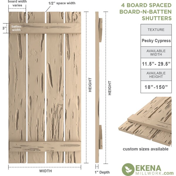 Ekena Millwork Rustic Four Board Spaced Board-n-Batten Pecky Cypress Faux Wood Shutters, 23 1/2"W x 66"H - SHUBSS23X66PCPR