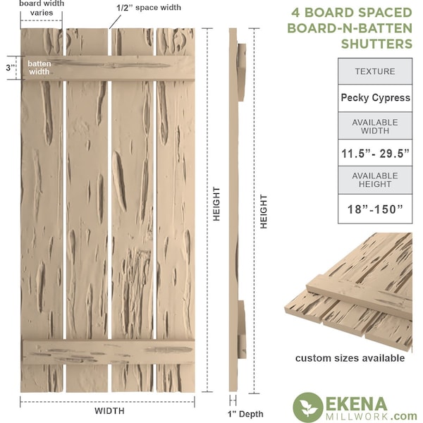 Ekena Millwork Rustic Four Board Spaced Board-n-Batten Pecky Cypress Faux Wood Shutters, 23 1/2"W x 66"H - SHUBSS23X66PCPR