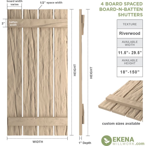 Ekena Millwork Rustic Four Board Spaced Board-n-Batten Riverwood Faux Wood Shutters, 23 1/2W x 40H, PR - SHUBSS23X40RWPR