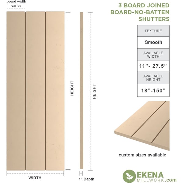 Ekena Millwork Rustic Three Board Joined Board-n-Batten Smooth Faux Wood Shutters w/No Batten, 16 1/2W x 74H, PR - SHUBJN16X74SMPR