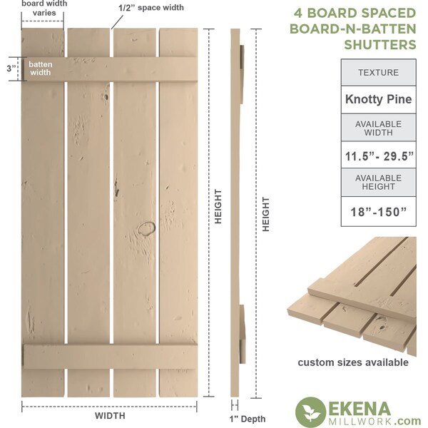 Ekena Millwork Rustic Four Board Spaced Board-n-Batten Knotty Pine Faux Wood Shutters, 23 1/2W x 70H, PR - SHUBSS23X70KPPR