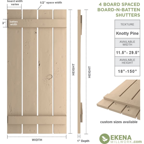 Ekena Millwork Rustic Four Board Spaced Board-n-Batten Knotty Pine Faux Wood Shutters, 23 1/2W x 70H, PR - SHUBSS23X70KPPR
