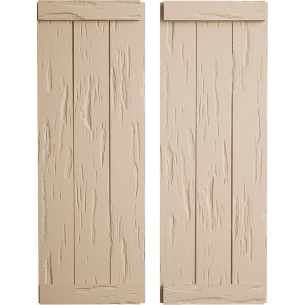 Ekena Millwork Rustic 3 Board Joined Board-n-Batten Pecky Cypress Faux Wood Shutters w/End Batten, 16 1/2"W x 34"H - SHUBJE16X34PCPR