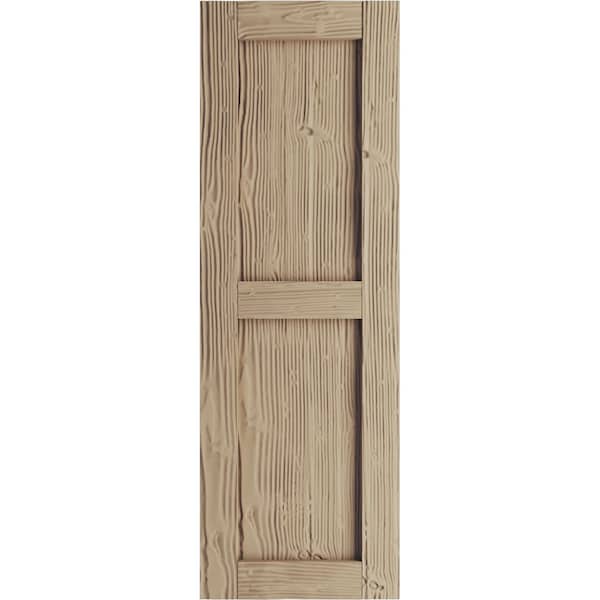 Ekena Millwork Rustic Two Equal Panel Flat Panel Sandblasted Faux Wood Shutters (Per Pair), Primed Tan, 15"W x 24"H - SHUFP15X24SDPR