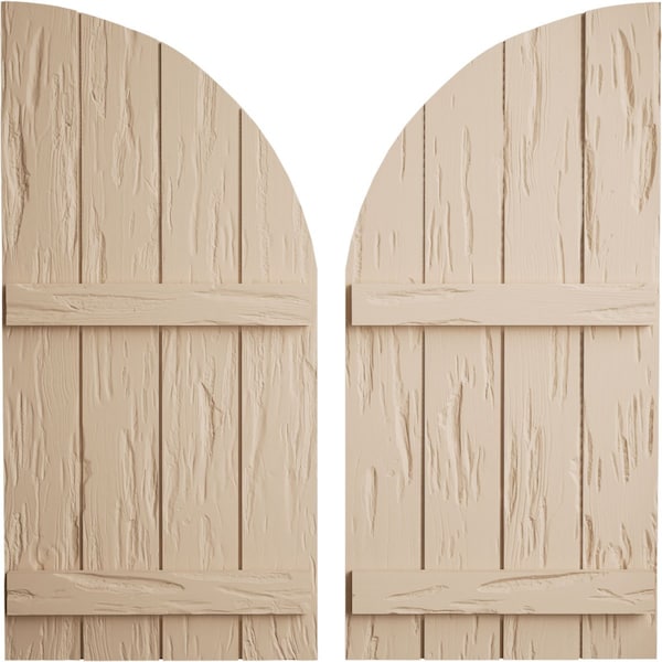 Ekena Millwork Pecky Cypress 4 Board Joined Board-n-Batten w/Quarter Round Arch Top Faux Wood Shutters, 22"W x 50"H - SHUBJQ22X50PCPR