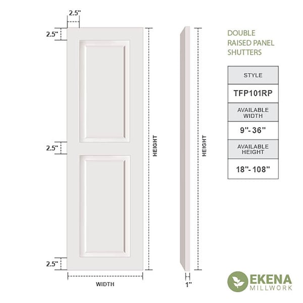 Ekena Millwork True Fit PVC Two Equal Raised Panel Shutters, Primed, 15"W x 32"H - TFP101RPF15X032PR
