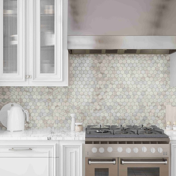 Apollo Tile 12x12 in. Polished Soft White with Beige Marble Hexagon Wall and Floor Tile 4.83 sq ft/case, 5PK - APLSAH88G39PA