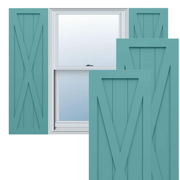 Ekena Millwork True Fit PVC Single X-Board Farmhouse Fixed Mount Shutters, Pure Turquoise, 18W x 27H, PR - TFP001FH18X027PT