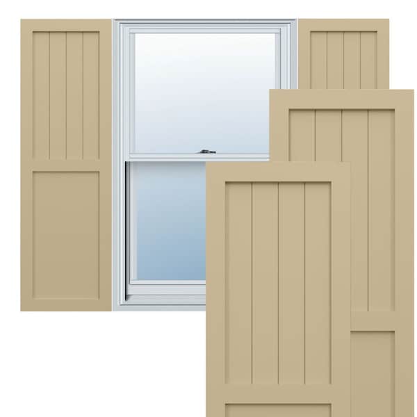 Ekena Millwork True Fit PVC Farmhouse/Flat Panel Combination Fixed Mount Shutters, Natural Twine, 12W x 55H, PR - TFP101FC12X055NT
