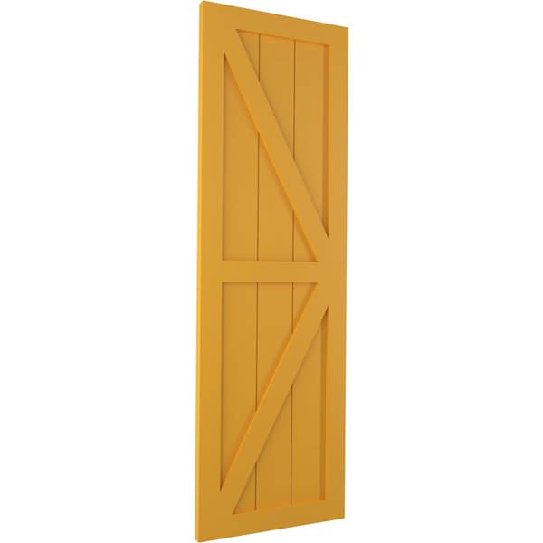 Ekena Millwork True Fit PVC Two Equal Panel Farmhouse Fixed Mount Shutters w/ Z-Bar, Turmeric , 15W x 30H, PR - TFP102FH15X030TU