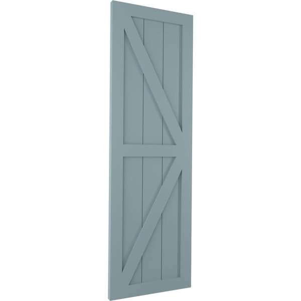 Ekena Millwork True Fit PVC Two Equal Panel Farmhouse Fixed Mount Shutters w/ Z-Bar, Peaceful Blue , 12W x 63H, PR - TFP102FH12X063SB
