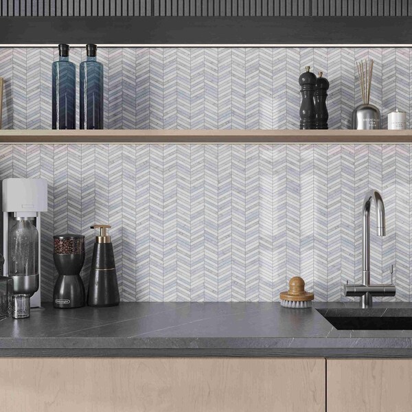 Apollo Tile 12x12 in. Polished White, Gray, Blue Marble Mosaic Chevron Wall and Floor Tile 5 sq ft/case, 5PK - APLMKN88CV10A