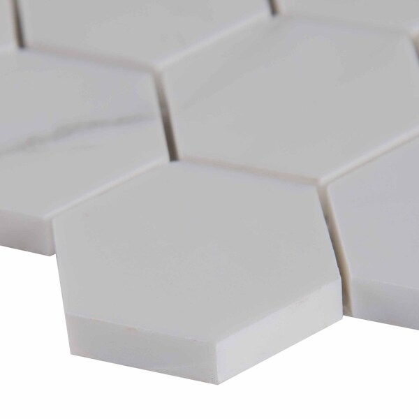Msi Bianco Dolomite Hexagon SAMPLE Polished Marble Mesh-Mounted Mosaic Tile - ZOR-MD-0164-SAM